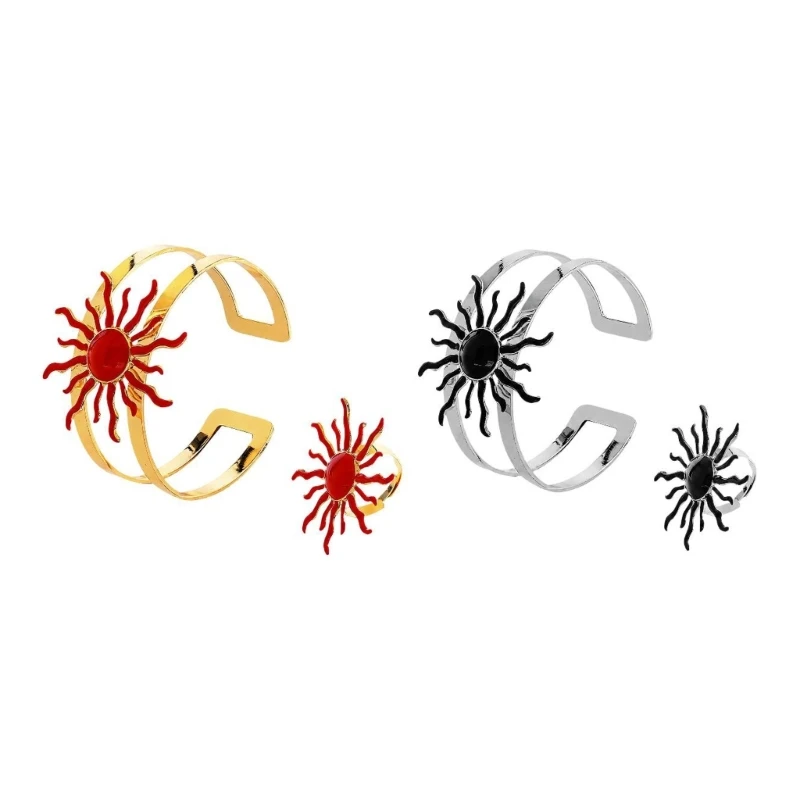 Sun Bracelet and Ring Set Adjustable Open Cuff Jewelry for Daily Outfits, Matching Two Piece Statement Accessory