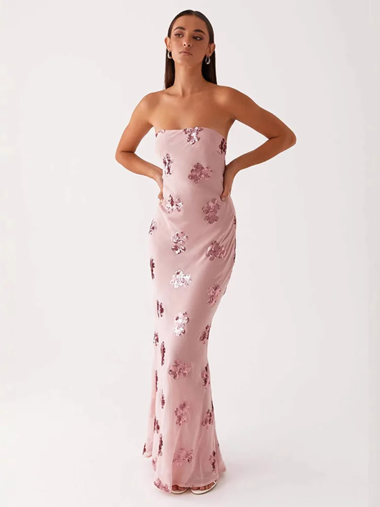 

Sequin Embroidery Strapless Long Dress Women Elegant Sleeveless Backless Lace Up Hip Package Party Dresses Fashion Ladies Robes