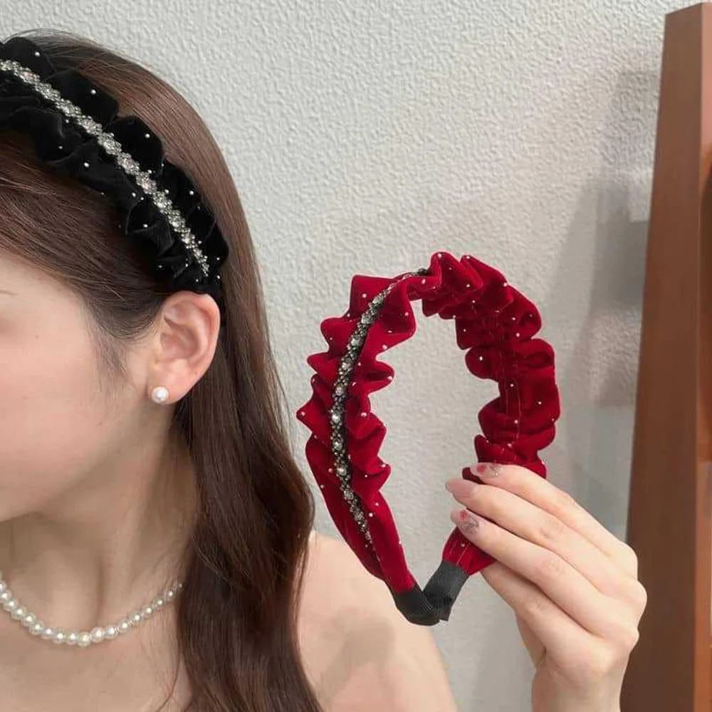 AuraVita Coral Velvet Rhinestone Flower Fold Hair Hoop Birthday Party Creative Headband Women's Elegant Hair Accessories Gift