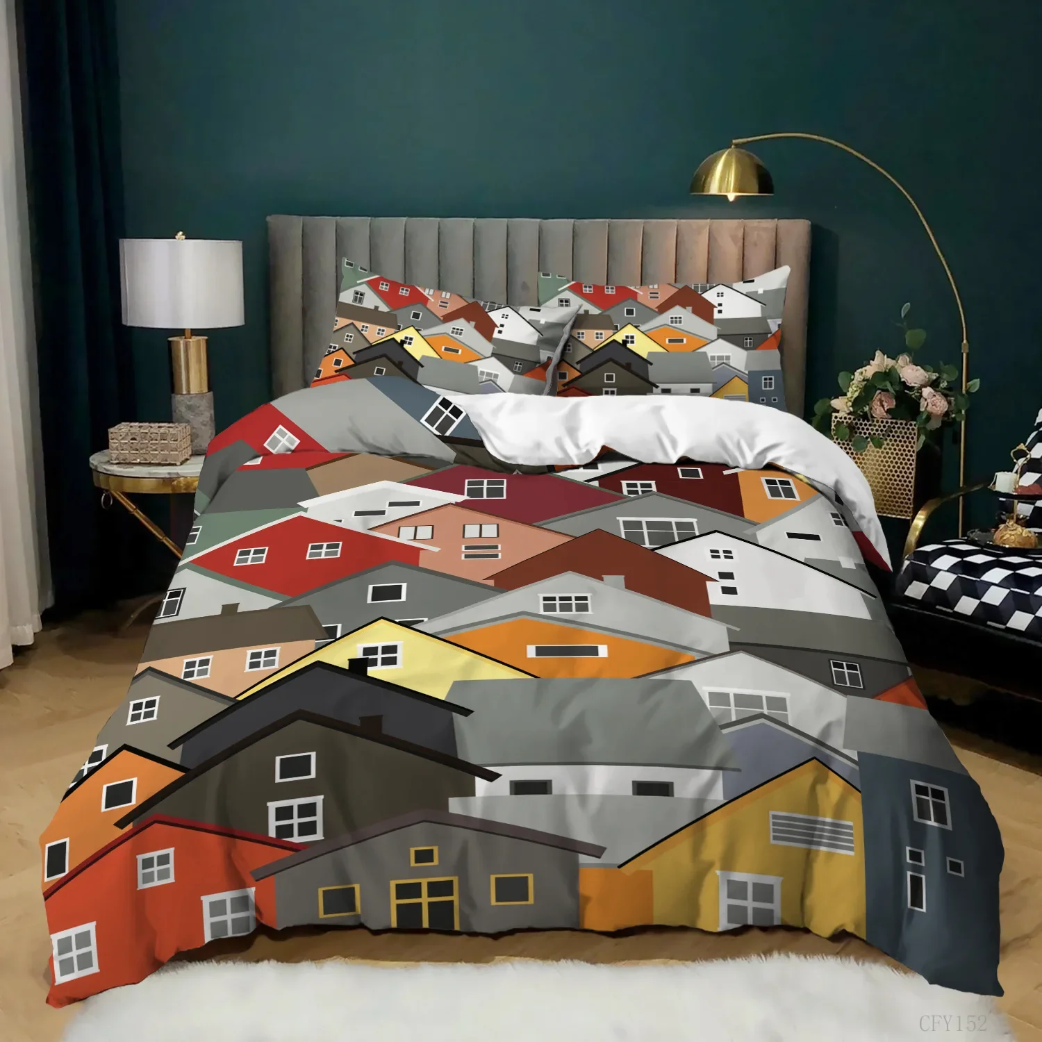 Cartoon Building Duvet Cover King/Queen Size,Beautiful Modern Houses Castle Pattern Polyester Quilt Cover for Girls Kids Women