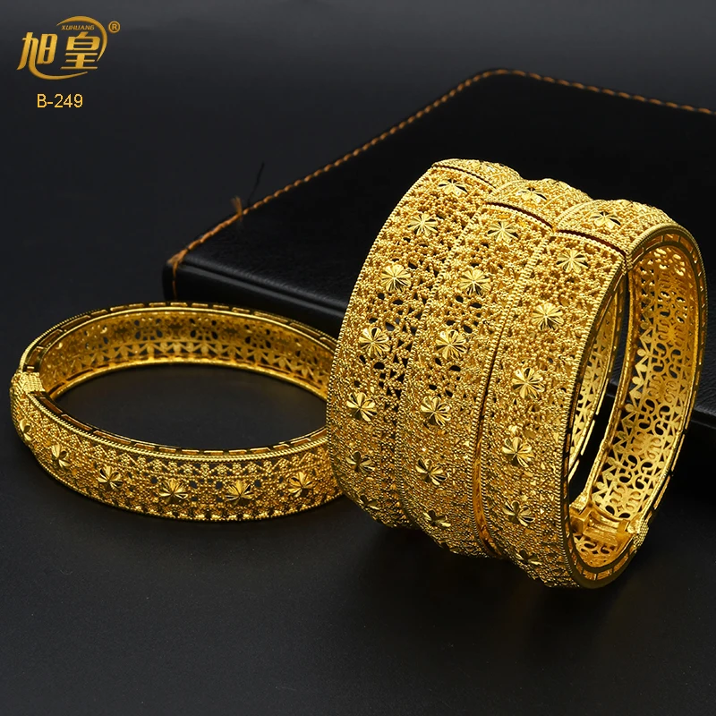 

XUHUANG Dubai Luxury Gold Color Bangle Indian 24k Plated Gold Charm Bangles Arabic African Bridal Wedding Party Gifts Wholesale