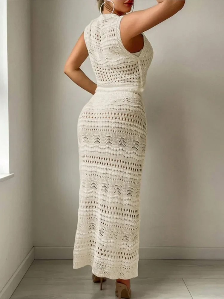 Swimwear Skirt Cover-up 2 Piece Set Women Crop Tops And Long Skirt Bathing Suit Fashion Solid Hollow Sexy Beach Cover Up Outfits