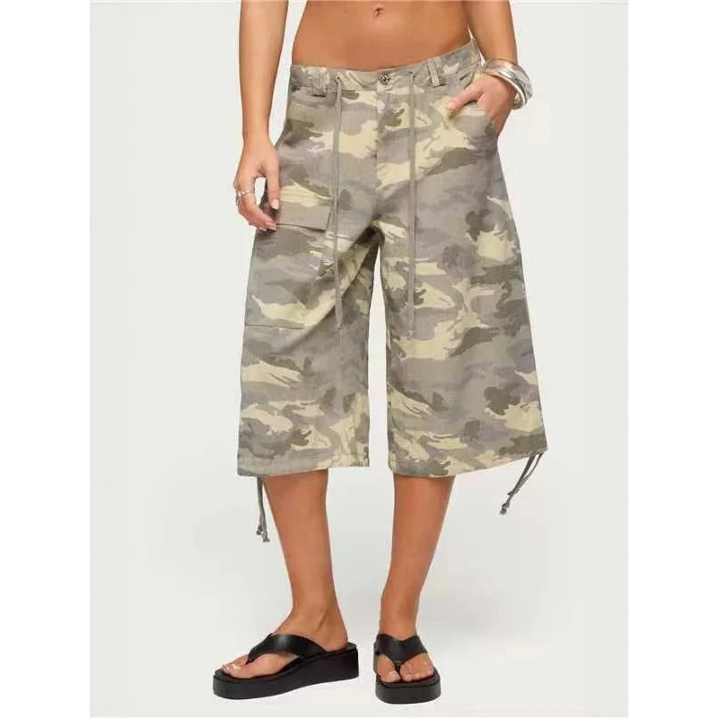Women's Trendy Loose Casual Camouflage Wide Leg Pants 2026 New Pocket Detail Crop Jeans Workwear