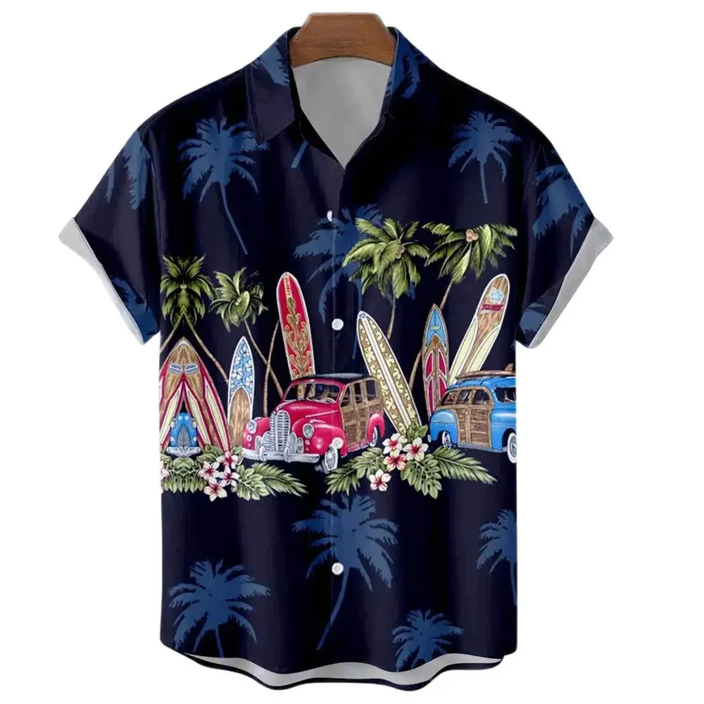

2024 Summer Hawaiian Shirt Men Eagle Coconut 3D Printed Trend Street Neutral Retro Car Beach Breathable Men's Short Sleeve Shirt