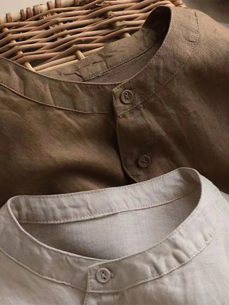 Damen-Laterne Sve irt Baumwoll-Leinen-Puppe irt Nine Sve Länge, normale Version, lockere Passform, rundes Ne-Knopfdetail