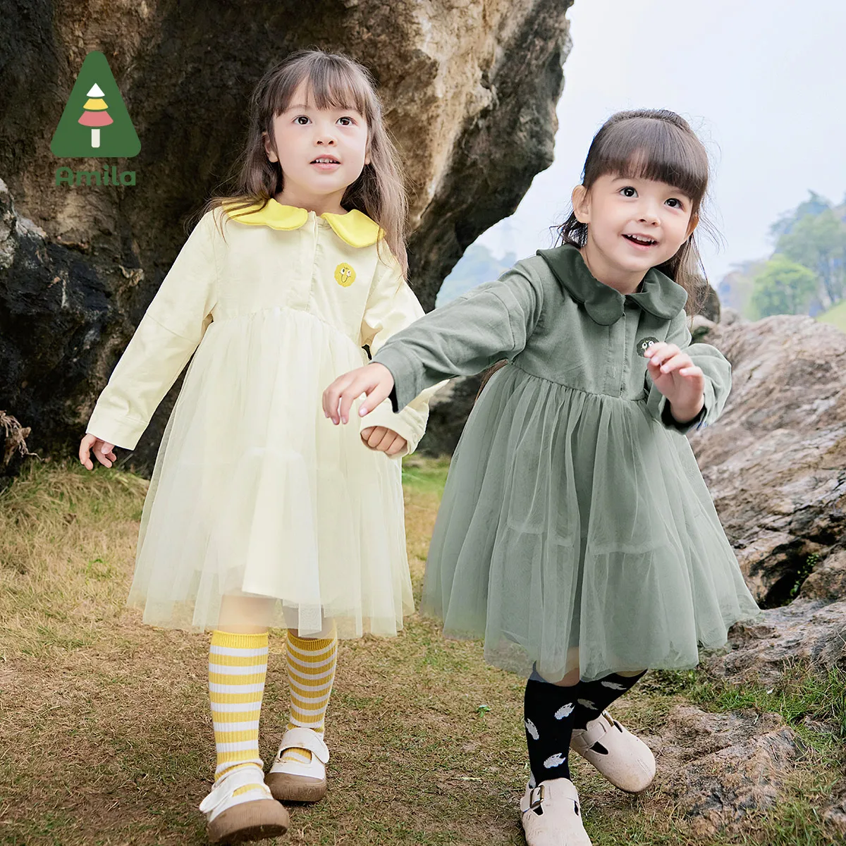 Amila Baby Dress 2024 Autumn New Style Girls Sweet Solid Color Corduroy Doll Collar Loose Casual Lantern Sleeve Soft Gauze Skirt