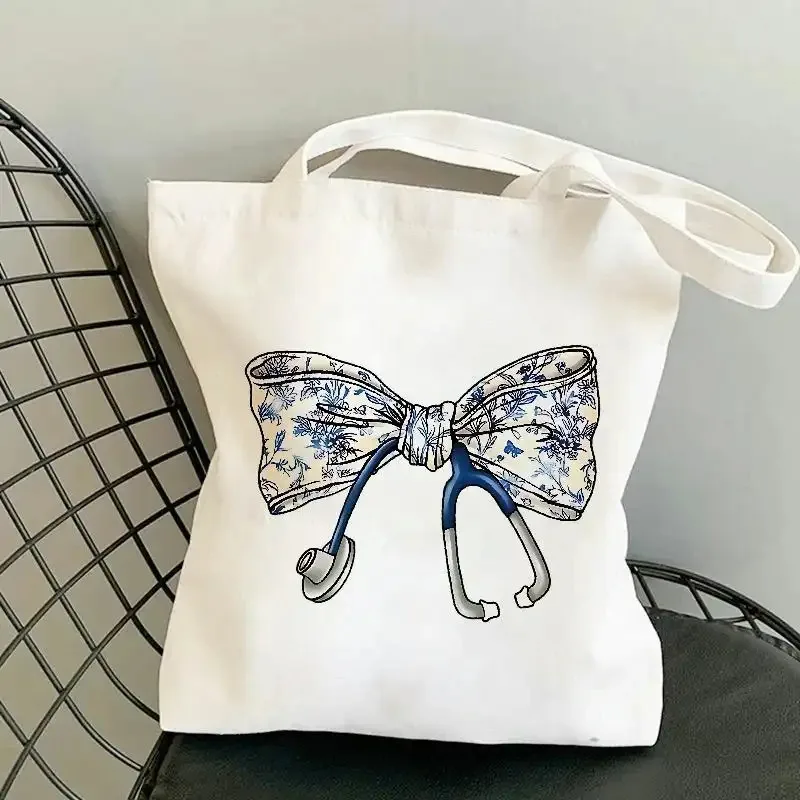 Floral Design Shopper Bag with Stethoscope and Bowtie, Ideal Tote for Gifts, Travel, and Everyday Use