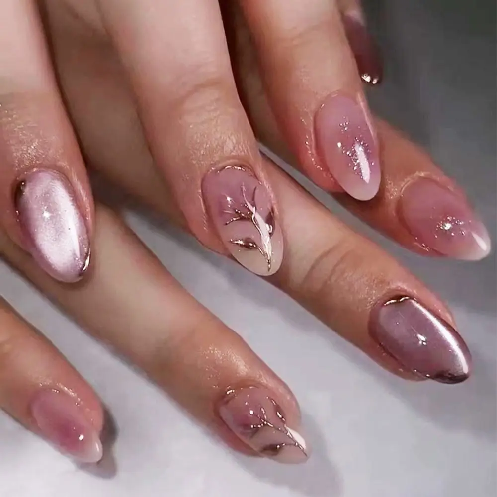 

24pcs Manicure Long Almond False Nails Stiletto Ballerina Press on Nails Halo Rainbow Cat Detachable French Nail Tips Women