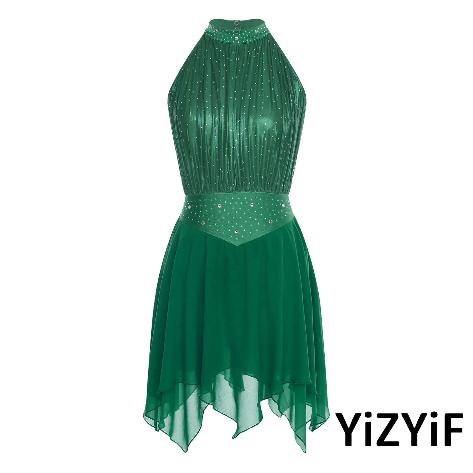 

Womens Elegant Modern Dance Dress Ruched Metallic Mesh Ballet Dance Costume Rhinestone Irregular Hem Sleeveless Ballet Dress