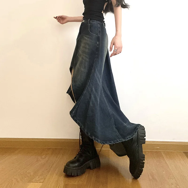 Rok Denim A-line untuk wanita, rok Denim A-line gaya jalanan musim panas, Rok Midi tak beraturan, pakaian Vintage ukuran Plus Y2k