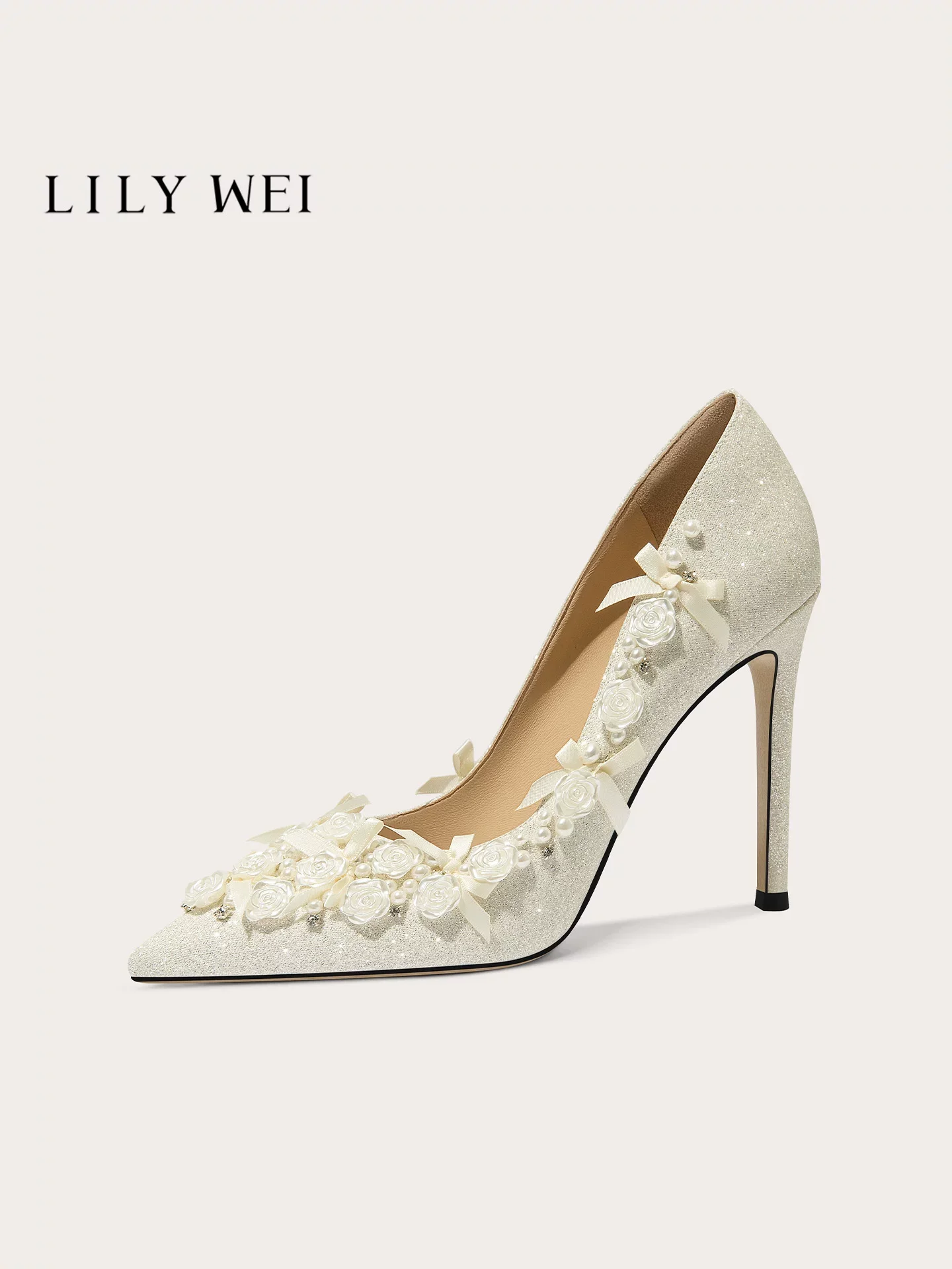 Autumn new pointed shallow bow pearl rose wedding shoes banquet dress large size small size slim heel high-heeled women's shoes