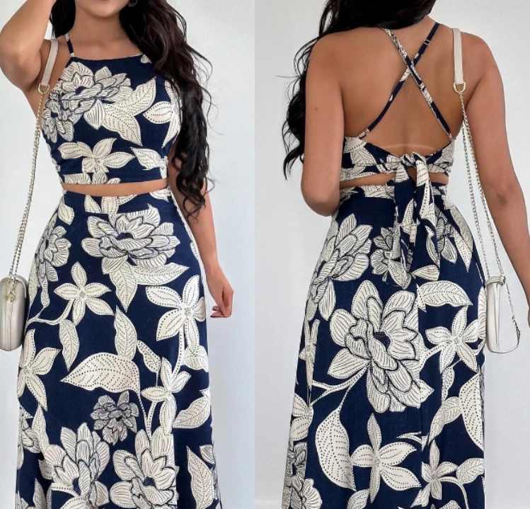 여성 2 조각 복장 꽃 프린트 홀터 스파게티 스트랩 탑 꽃 프린트 레이스 업 백리스 드레스