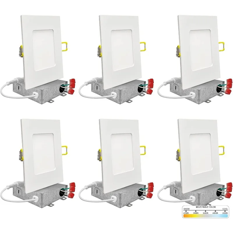 

6 Pack 4 Inch Square Wafer LED Recessed Lighting, 5 CCT Selectable 2700K/3000K/3500K/4000K/5000K, 630 Lumens Dimmable, We