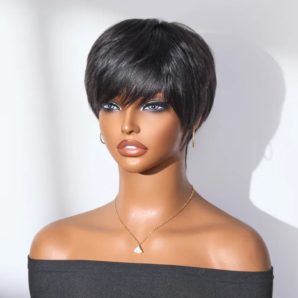 

Straight Bob Pixie Cut Wigs Natural Colored Human Hair Wigs With Bangs Glueless Wear And Go Straight Bob Human Hair Wigs