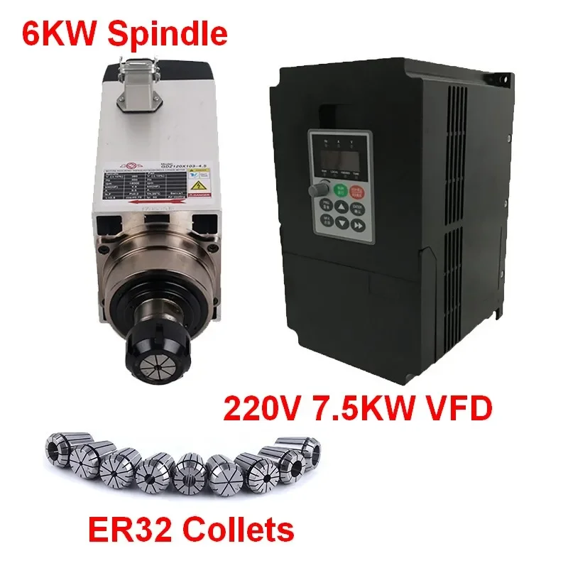 

6KW 8HP 220V Square Spindle Motor Air Cooled 4pcs Bearings+7.5kw VFD inverter + ER32 Collet kit for CNC Engraving machine Router