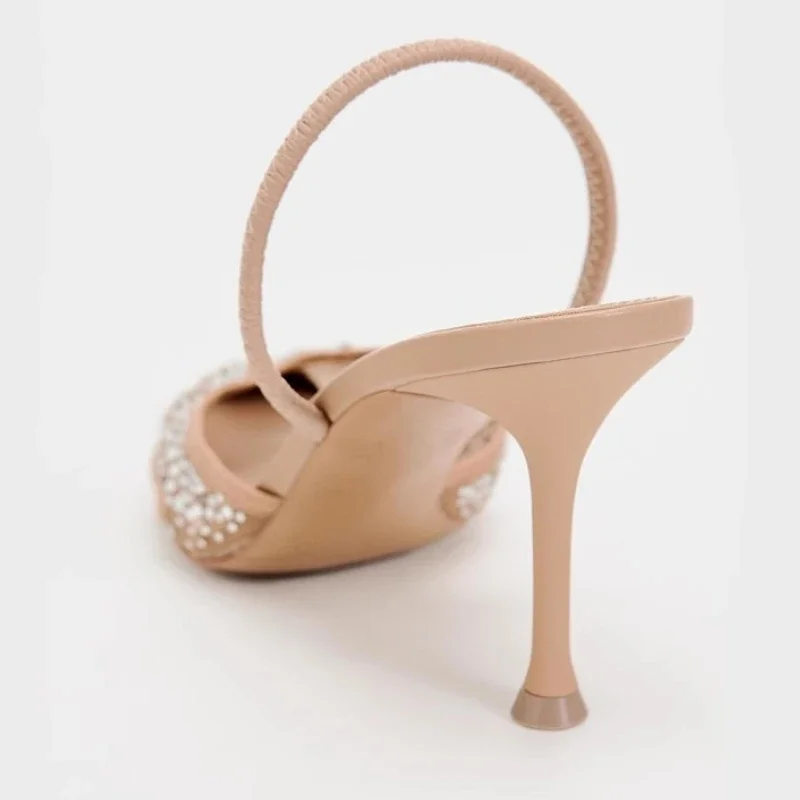 Luxury Diamond Mesh Heeled Sandals Women Brand Shiny Thine Heel Dress Shoes Pointed Toe Mules Pumps Slippers Sandalias De Mujer