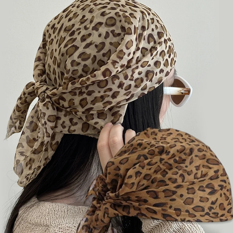 Retro Leopard Print Square Scarf for Women Satin Thin Edge Scarves Head Band Fashion Y2K Lady Hair Shawl Wrap Female Neckerchief