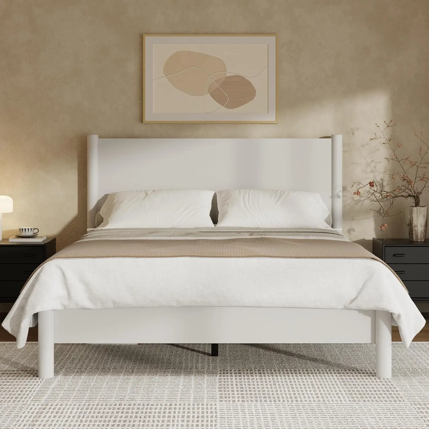 King Platform Bed Frame With Wood Headboard, White, Customized image 2
