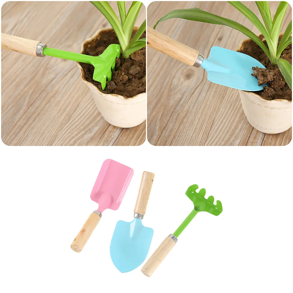 2Sets Kids Mini Garden Tools Set Metal Trowel Rake Shovel Candy Color Wooden Handle Safe Gardening for Children