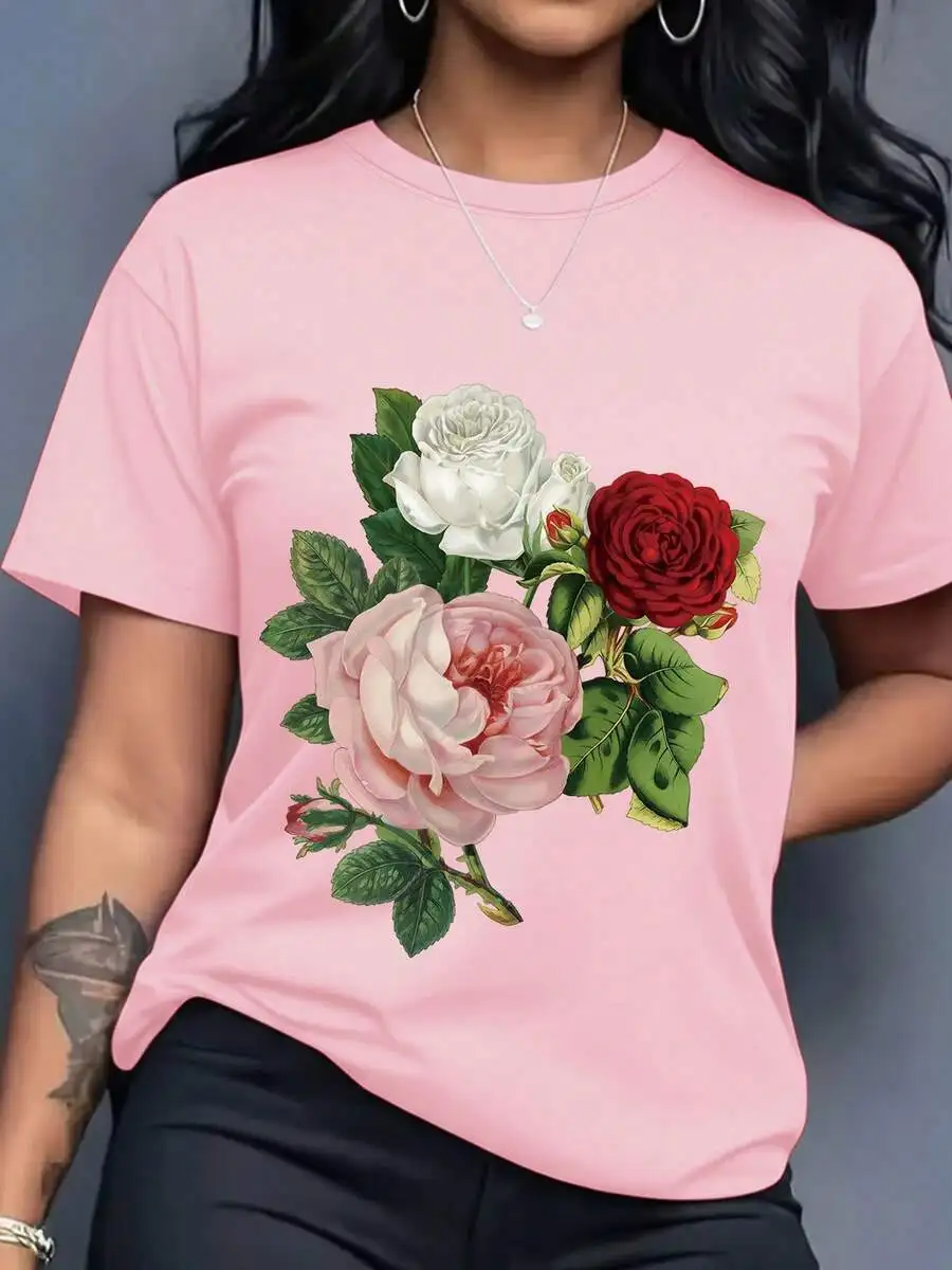 2026 Fashion New Arrival Women Graphic Tee Vintage Style Rose Leaf Print Round Neck Short Sleeve Casual Tops Ideal For Spring Summer Daily Wear And Going Out