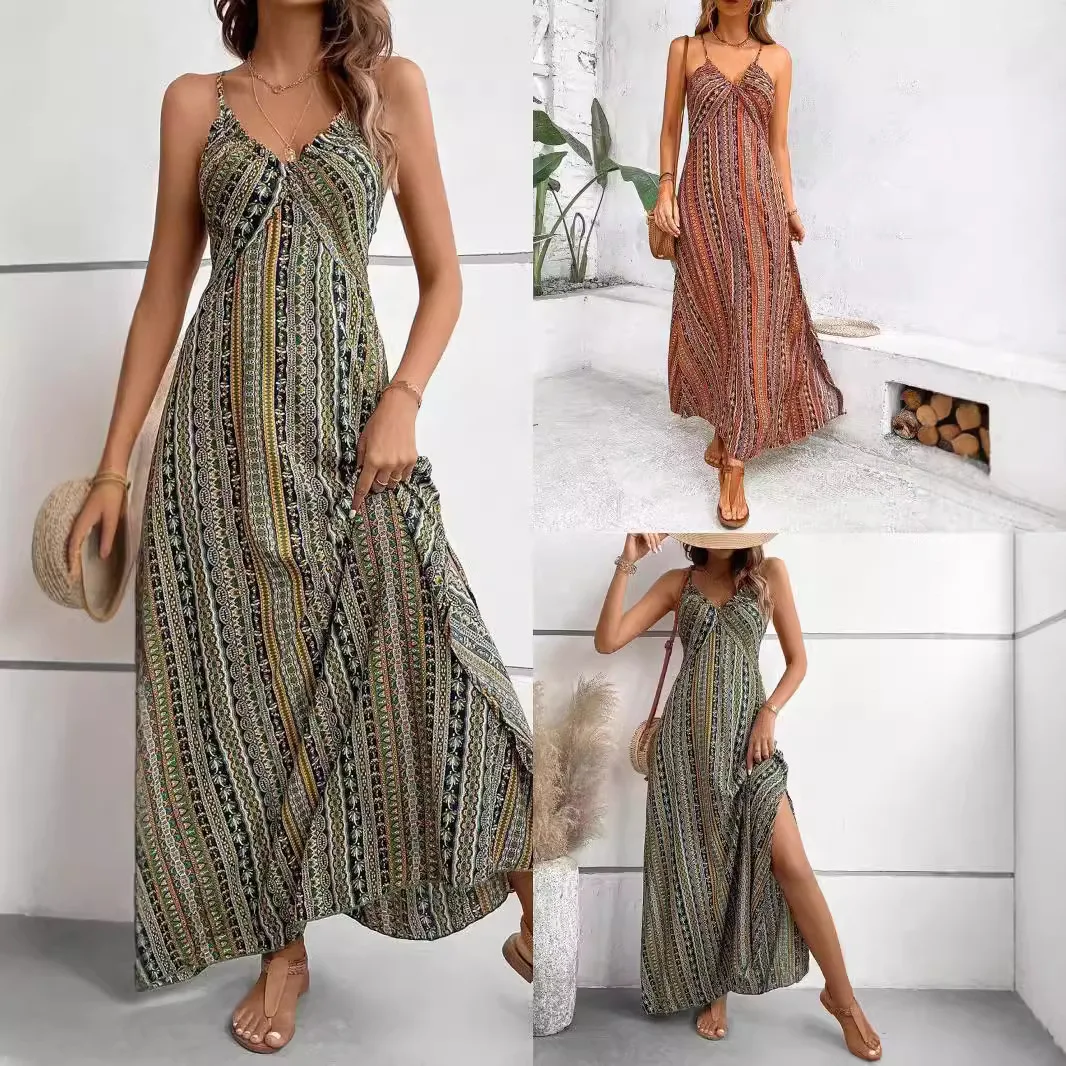 

Bohemian Summer Strappy Floral Maxi Dress Ankle Length Print Dress for Beach and Vacation Style