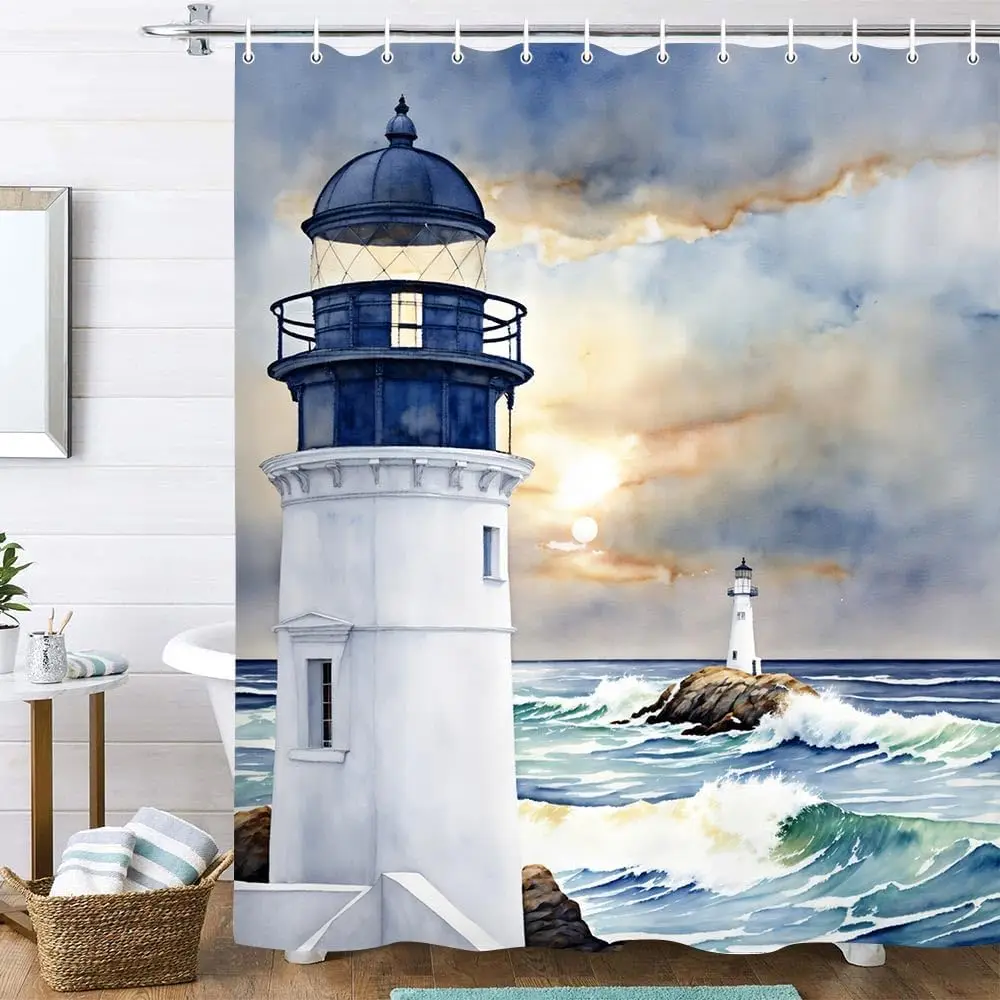 Elegant Lighthouse Watercolor Shower Curtain Coastal Bath Decor Seascape Nautical Print Waterproof Curtain 180x180cm