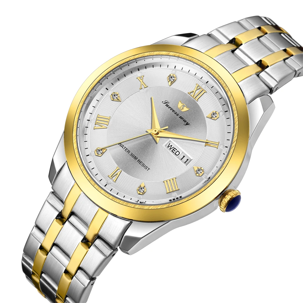 

Деловые кварцевые мужские часы с простым бриллиантовым зеркалом, водонепроницаемые, двойной календарь, модный подарок