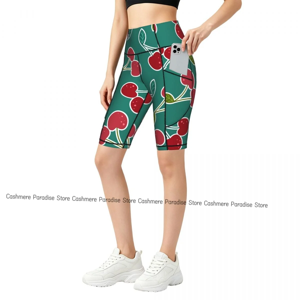Doppeltaschen-Sportshorts für Damen, elastische, schmale Shorts mit Kirschen-Motiv, für Fitness, Laufen, Yoga, mit hoher Taille