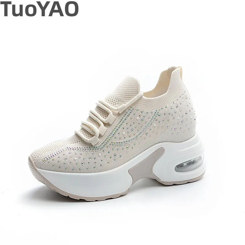 

Air Mesh Women Platform Casual Breathable Spring Chunky Sneakers 8CM Wedges Hidden Heels Vulcanized Hollow Leisure Crystal Shoes
