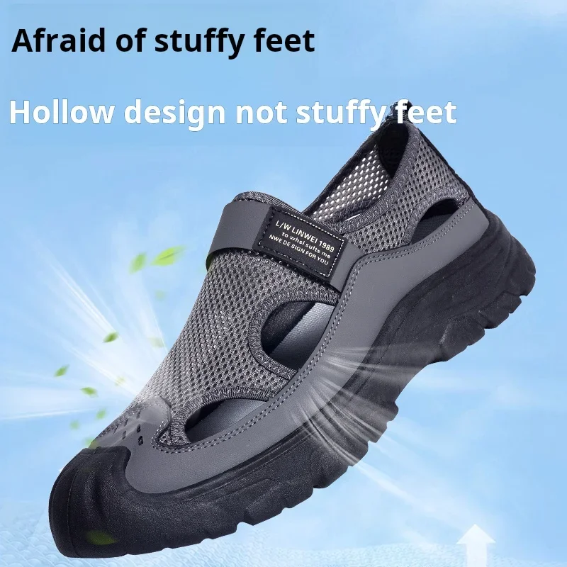 

Мужская рыбацкая обувь с полой сеткой на липучке, летние легкие дышащие спортивные сандалии с закрытым носком, уличные пляжные сандалии