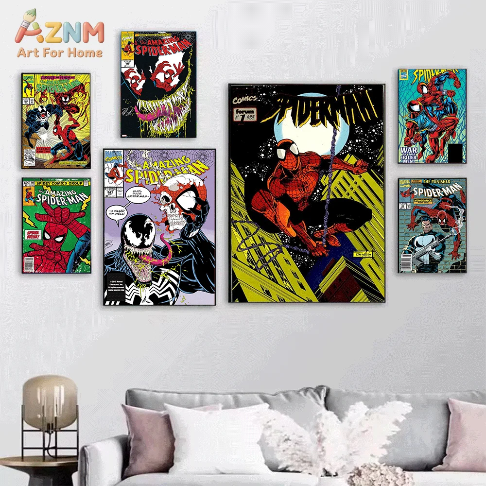 AZNM Maximum Carnage Spider‑Man Venom Vintage Comic Collage Frameless Canvas Wall‑Art Print Retro Marvel Superhero Comic Cover