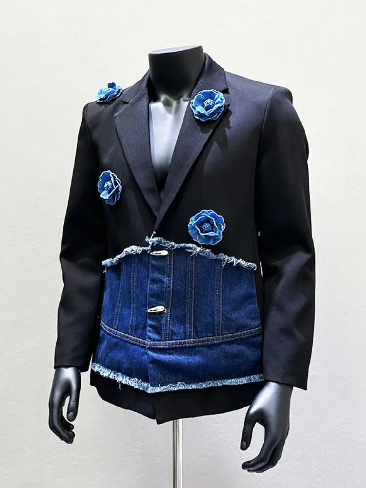 Office Mens Elegant Autumn Denim Spliced Suit Flower Jacket Notched Lapel Single Breasted Fashion Blazers Male New Banquet Coat