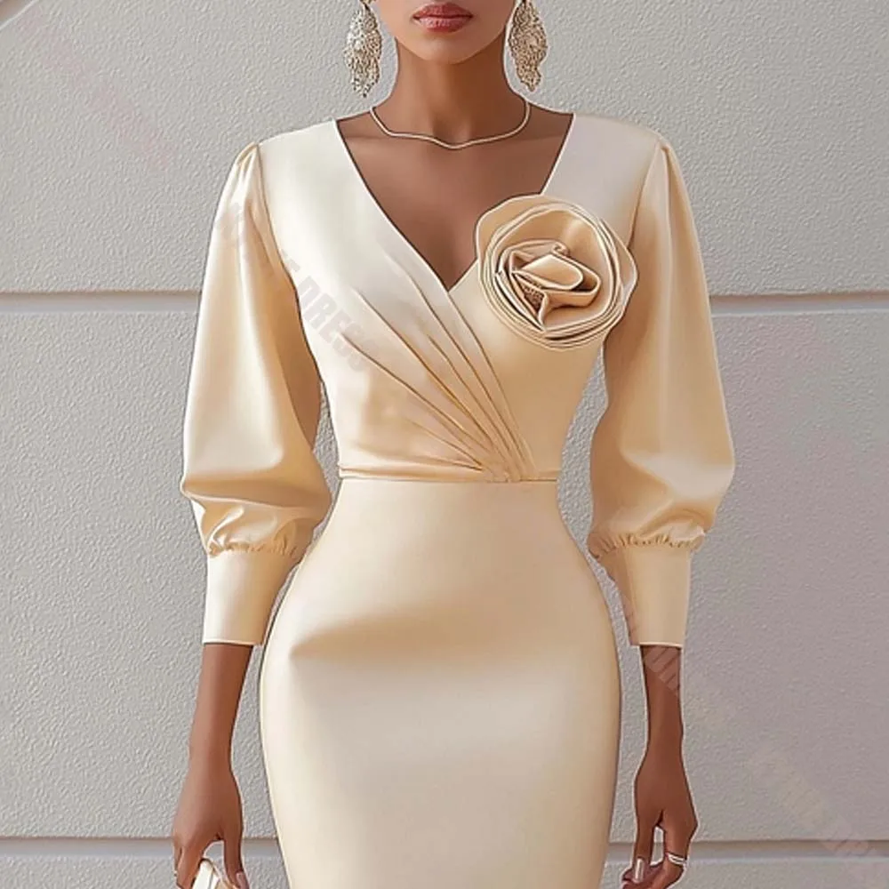 Elegant Mother of The Bride Dresses 2026 Customzied 3/4 Sleeves V Neck Floral Ruffle Column for Wedding Guest Gown Evening Dress