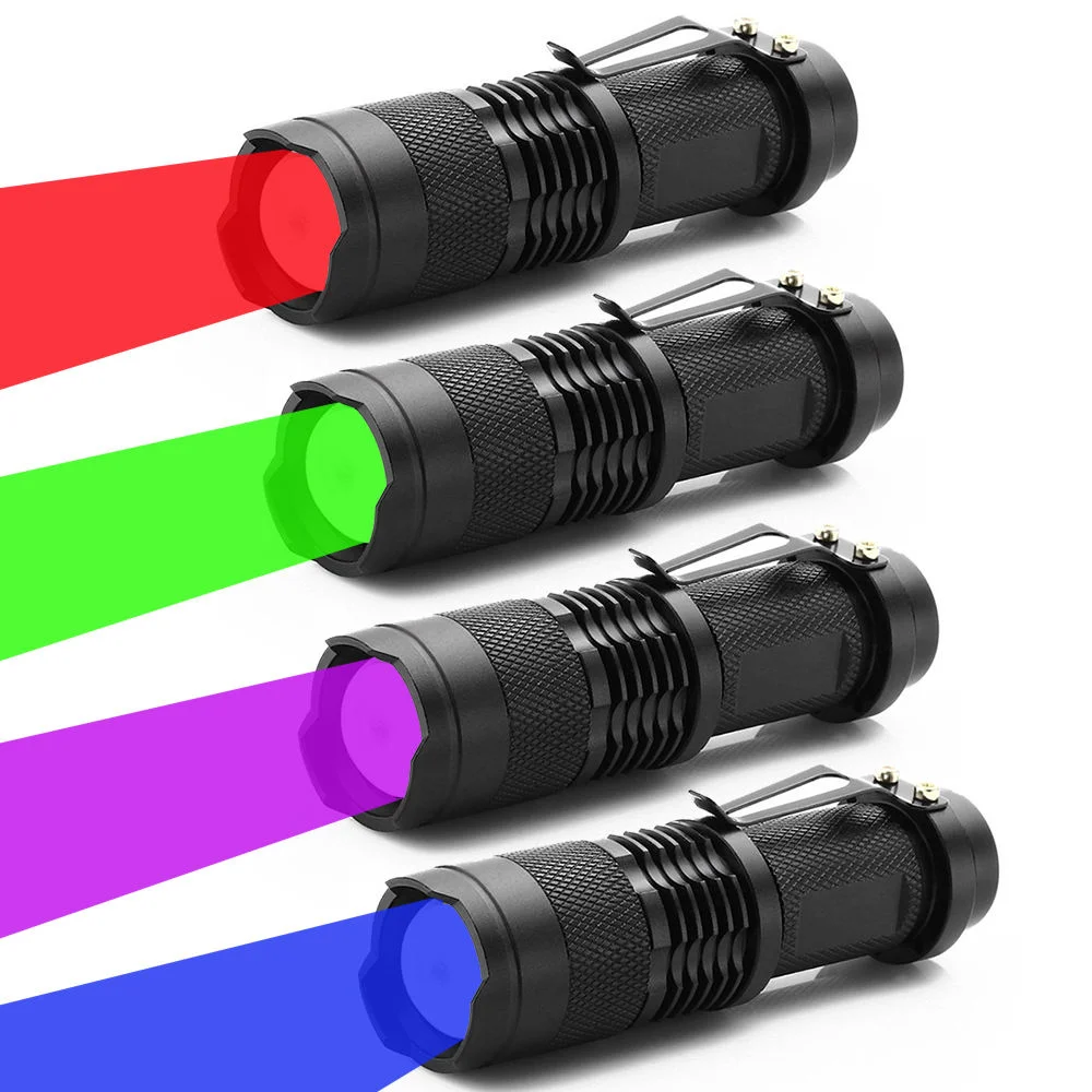 Linterna de Bolsillo TOPCOM Mini Zoom con Batería AA, Luz Azul de 450nm, Verde de 525nm, Roja de 625nm, Luz UV de 395nm o 365nm