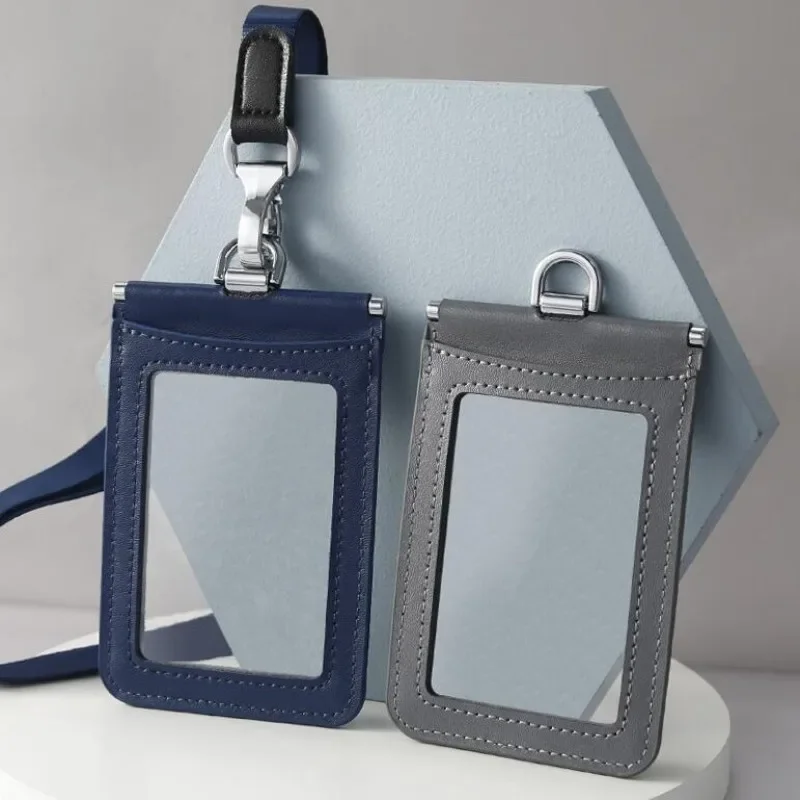 New Cow Leather ID Card Set Badge Holder Case Double-sided Work Transparent License Piece Set Lanyard Nameplate Protective Cover