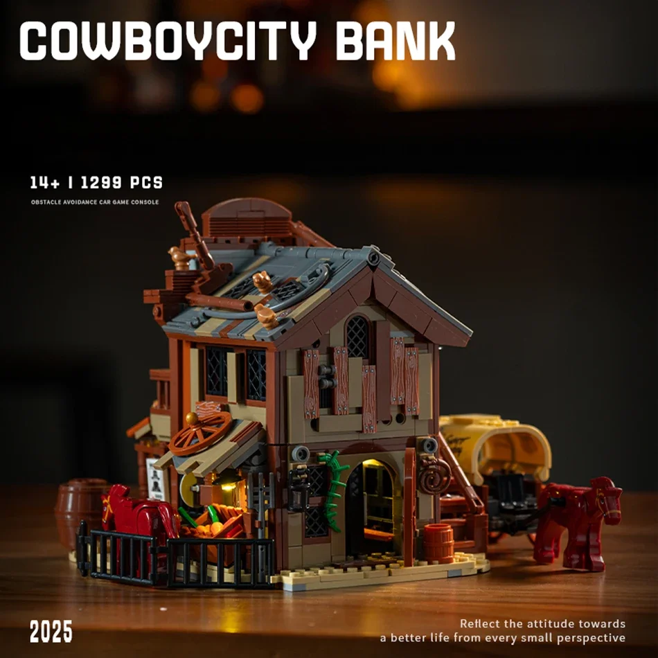 Bloques de construcción de banco de ciudad de vaquero occidental americano, ladrillos con vista a la calle, juguetes ligeros para adultos y niños, montaje de regalos