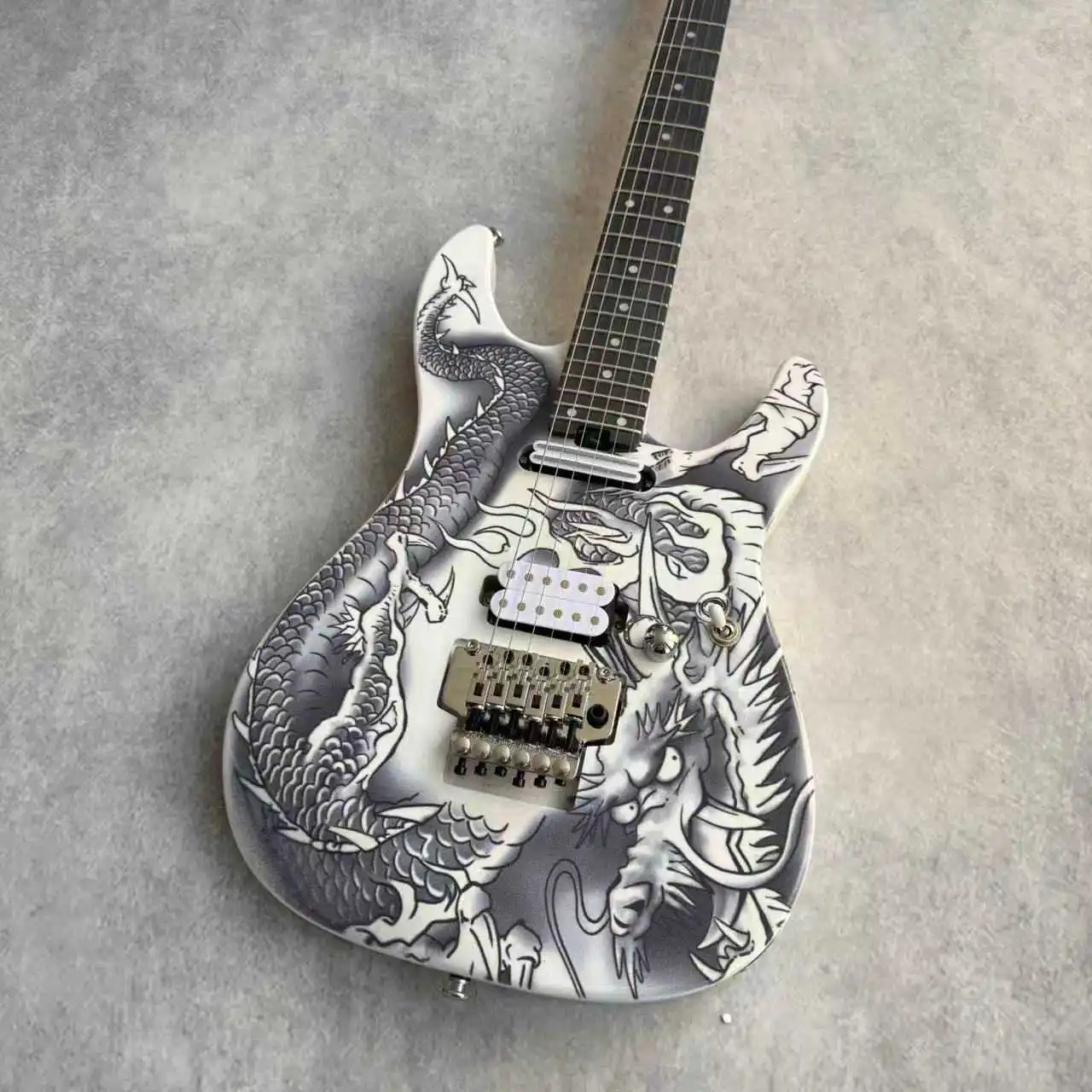 Custom 6-String Electric Guitar, Black Dragon Print on White Body, Double Tremolo, HH Pickups, Rock Guitar