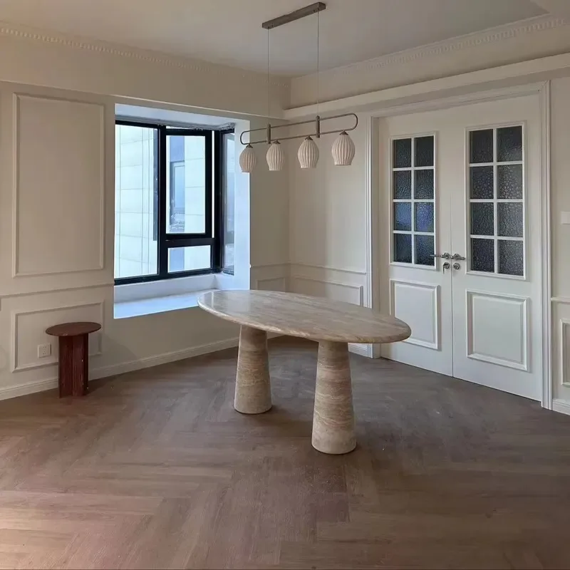 Natural Beige Travertine Oval Dining Table Stone Groove Marble Coffee Table Side Table for Living Room Modern Home Furniture