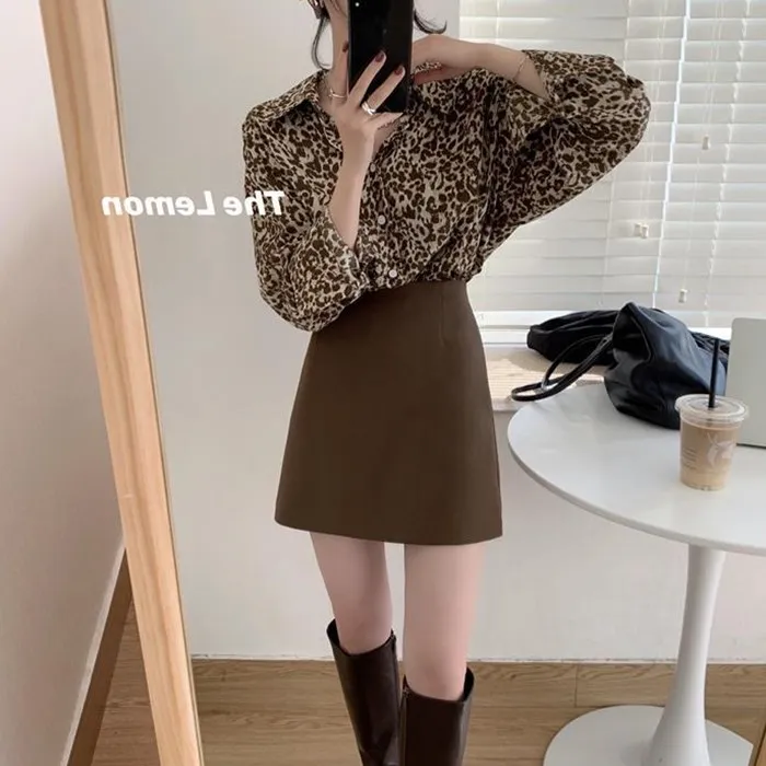 Retro Hong Kong Sle Women's Loose Leopard Print irt Spring Autumn New Faion Slimming Trendy  Collar Button up