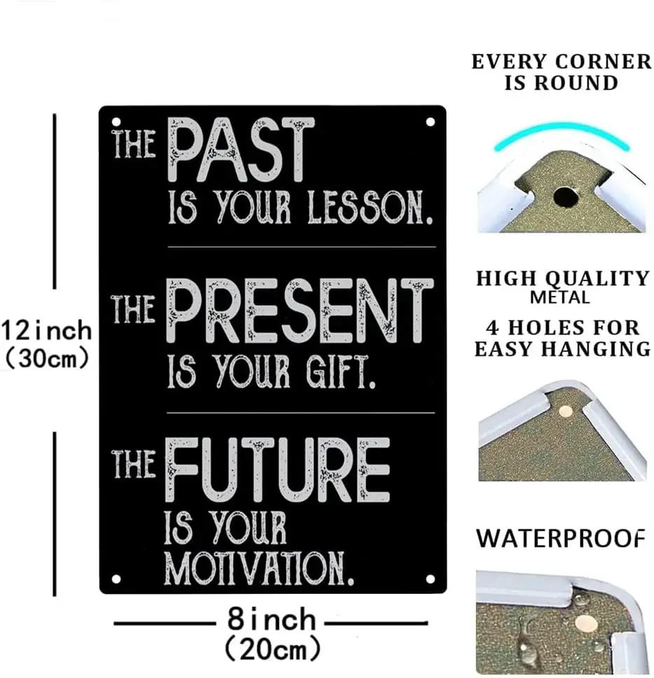 The Past Is Your Lesson Present Is Gift Future Is Motivation Sign Metal Tin Sign, Inspirational Quote Poster for Home Office Gar