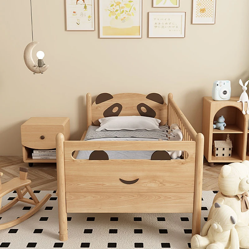 Simple Panda Style Children Bed Home Cartoon Living Room Natural Solid Wood Cute Beds With Guardrail Kid's Bedroom sets