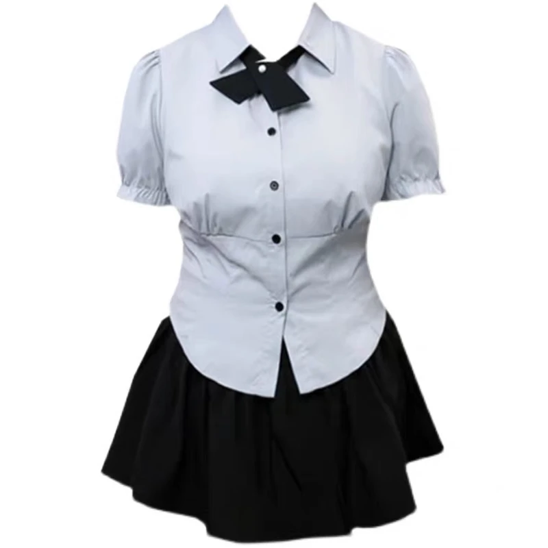 Women Plus Size 4XL JK Uniform Set Two-piece Daily Girls Short Puff Sleeve Shirts Summer Collect Waist Slim Blouse Black Skirt