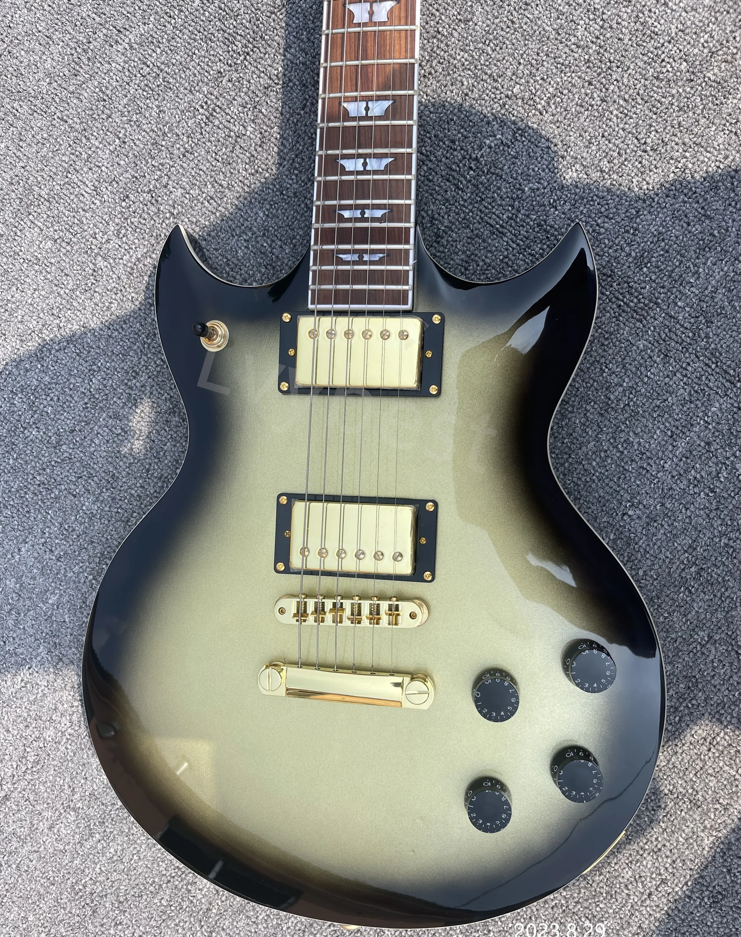 Electric Guitar Silver Center Black Edge Burst Gold Parts HH Pickups No Pickguard TOM Bridge And Stop Tail Rosewood Fingerboard