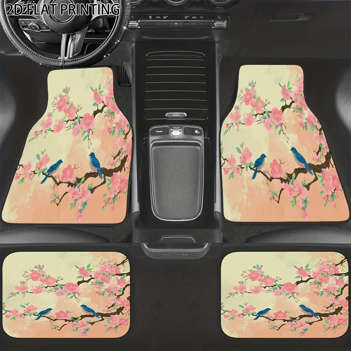 4pcs Car Floor Mats - Pink Cherry Bluebird Romantic Print, Fit, All-season Car Accessories, Easy To Clean, Front And Rear Seat