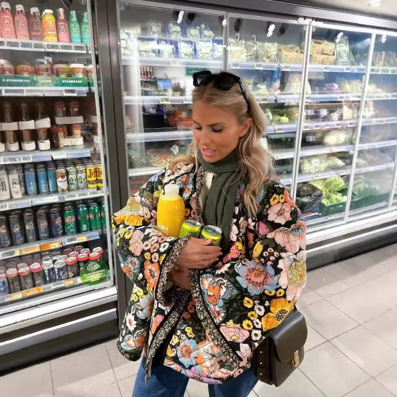 Automne hiver Vintage fleur imprimé coton manteau femmes épais chaud à manches longues matelassé veste femmes vêtements
