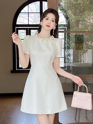 Simple Black Vintage Short Evening Dress Women Clothes New Summer Elegant Pearl O-Neck Slim Mini Party Club Prom Vestidos Fiesta