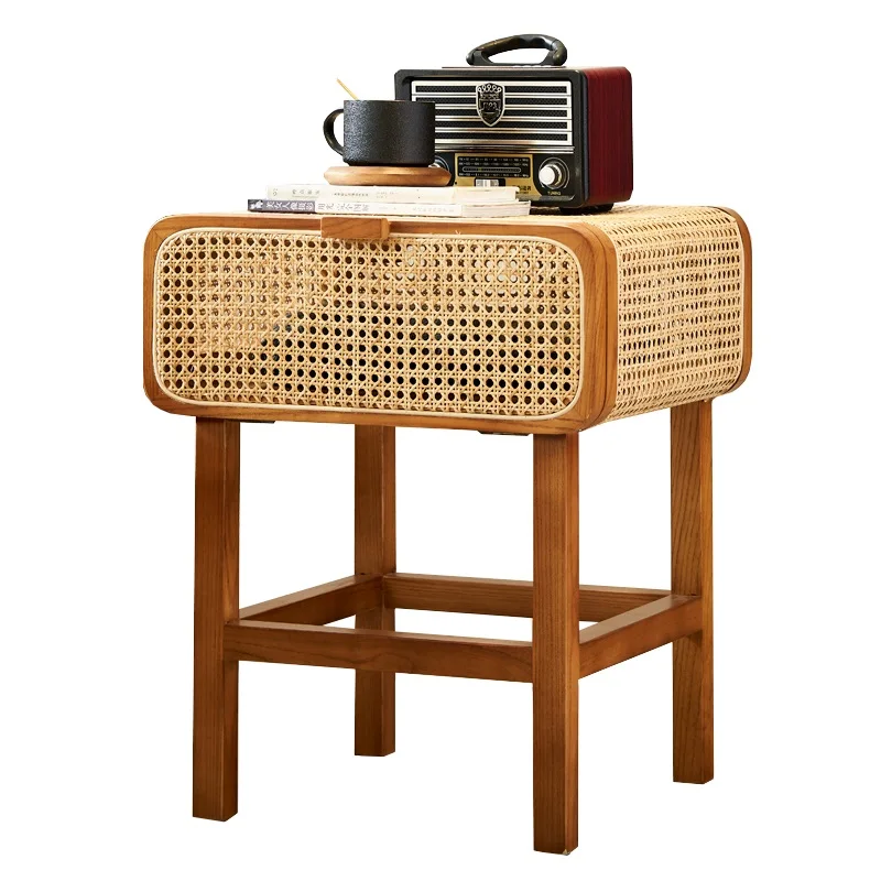 Solid wood rattan woven bedside table small cabinet for homestay retro style bedroom storage cabinet