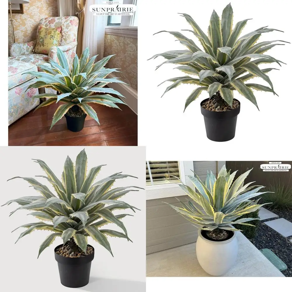 

32 Two-Tone Sawtooth Agave in Black Pot with Stone Pebbles - Indoor/Outdoor Large Faux Plant