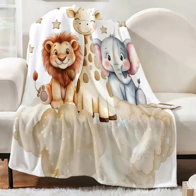 Cute Safari Giraffe Lion Elephant Baby Blanket, Cloud Star Print Soft Cozy Fleece Throw Blanket for Toddler Nursery Crib