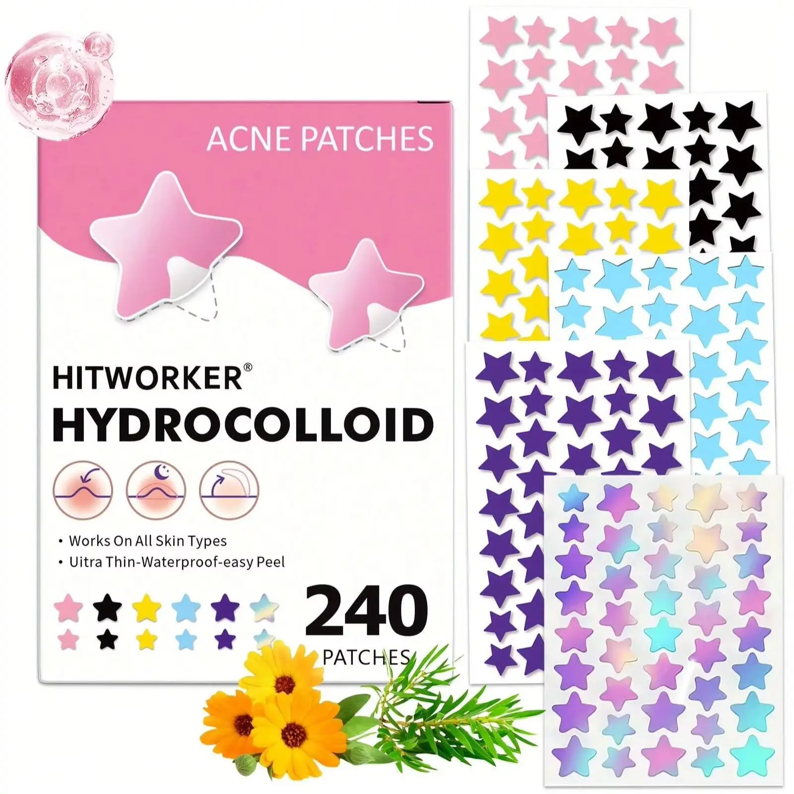240 Six Color Star Acne Stickers - Waterproof, Alcohol Free, Non Stimulating, Gentle to Skin, Suitable for All Skin Types